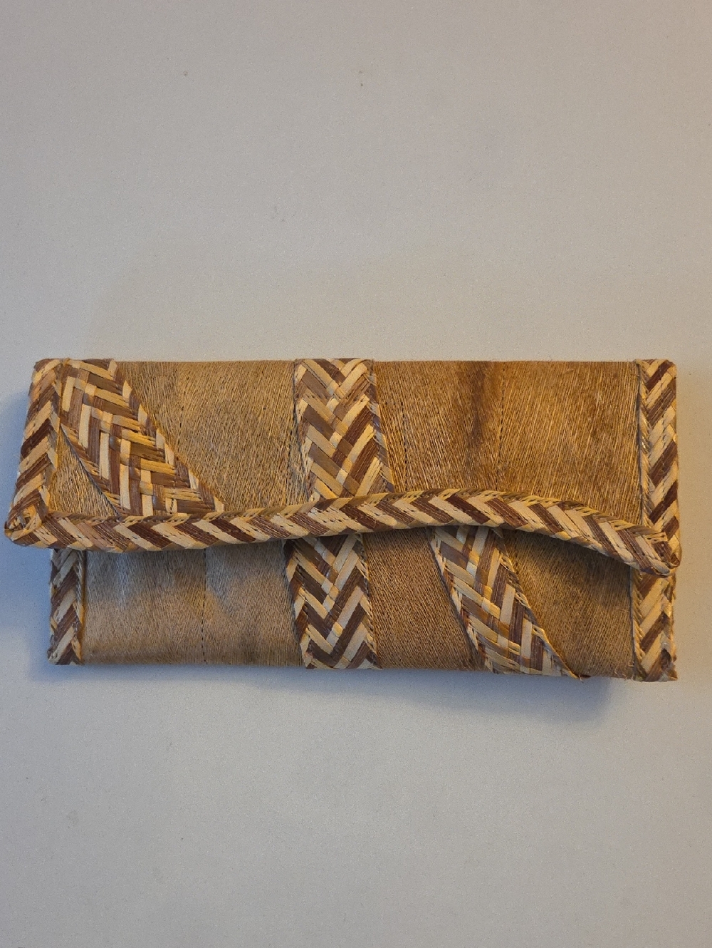 Woven Natural Brown Fiber - Straw Clutch with Braided Trim